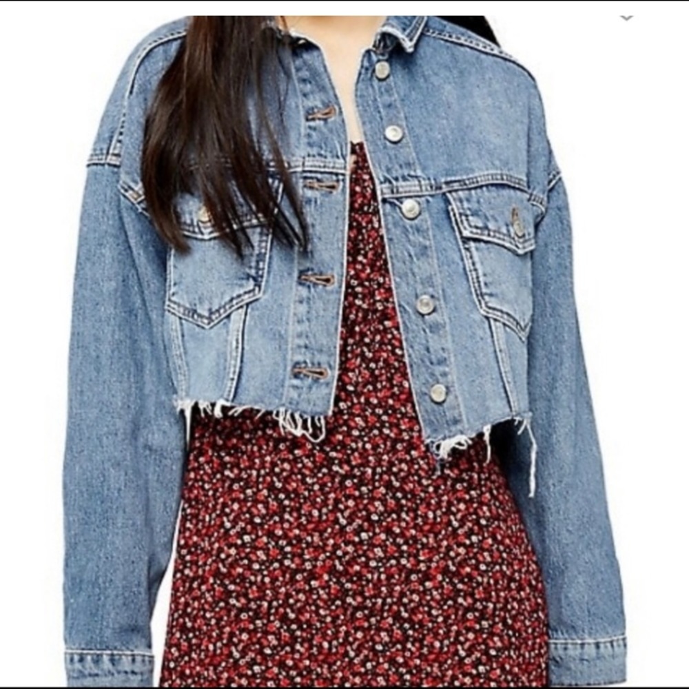 Topshop Moto Jean Denim Cropped Frayed Jacket 10